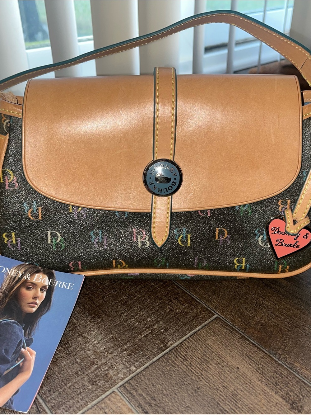 Dooney & Bourke Rainbow Signature Monogram Shoulder Bag with Tan Leather Trim